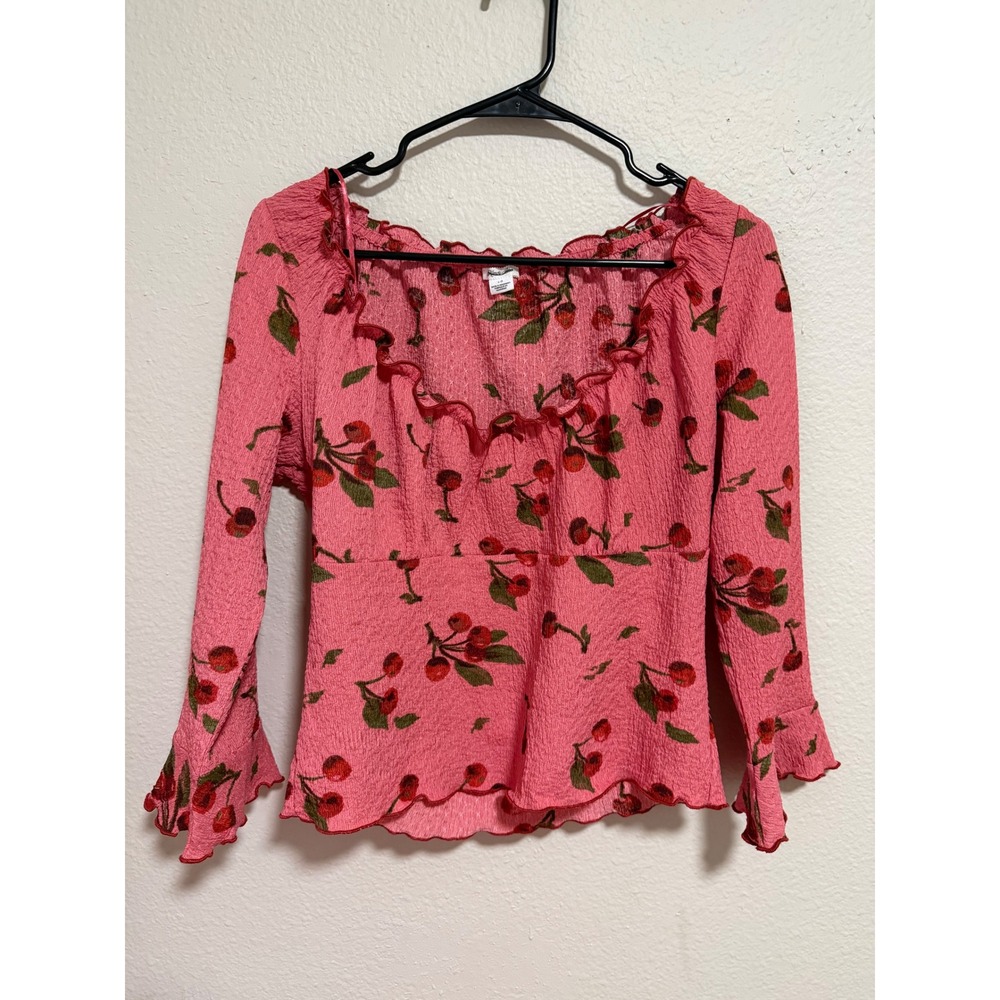 Kimchi Blue Pink Cherry Print Ruffle Smocked Top Long Sleeve Bell Cuff Large